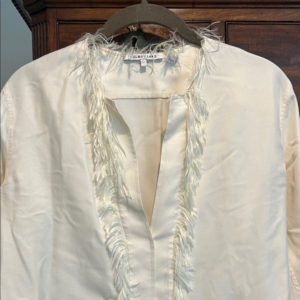 Helmut Lang Cream Blouse with Feather Trim